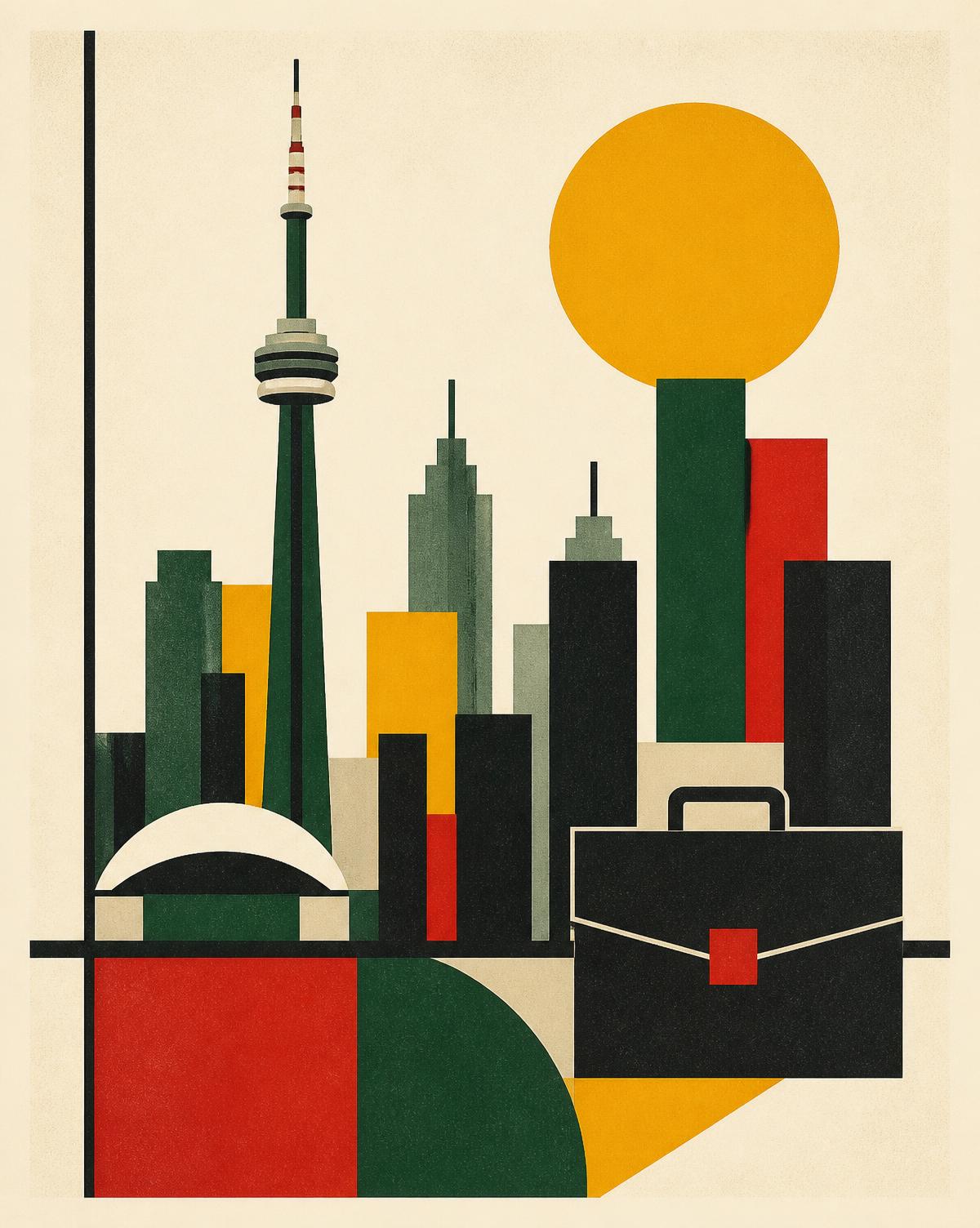 Geometric illustration of the Toronto skyline with a briefcase, representing business immigration