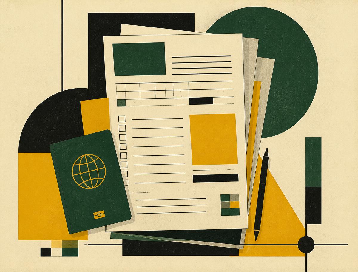 Geometric illustration of immigration application forms, a passport and a pen